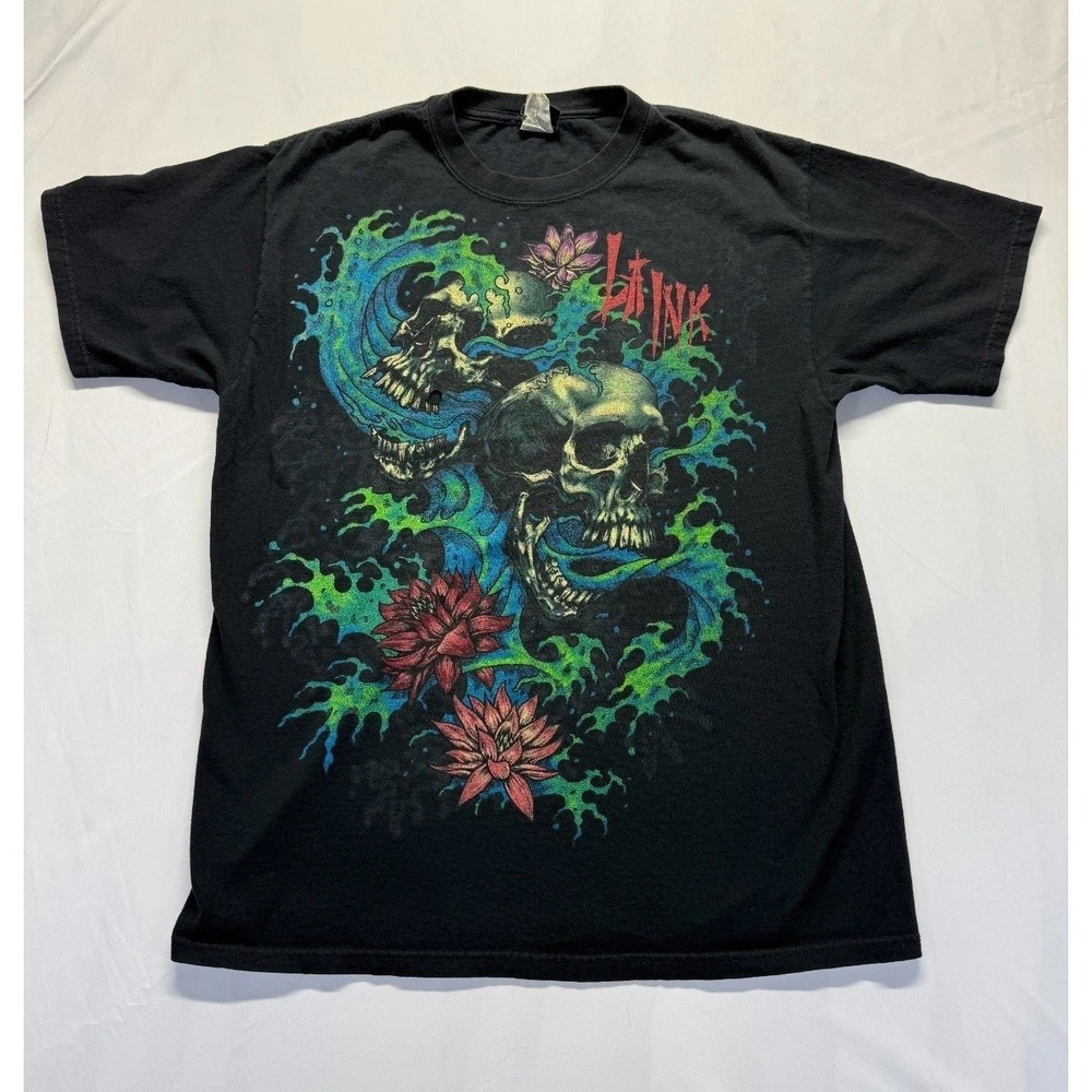 LA Ink T Shirt Mens XL Black Graphic Print Skulls Lotus Flowers Logo Streetwear